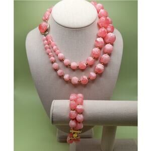 Vintage Pink Marbled Lucite Necklace Bracelet Set, 1950s, 16 Inch